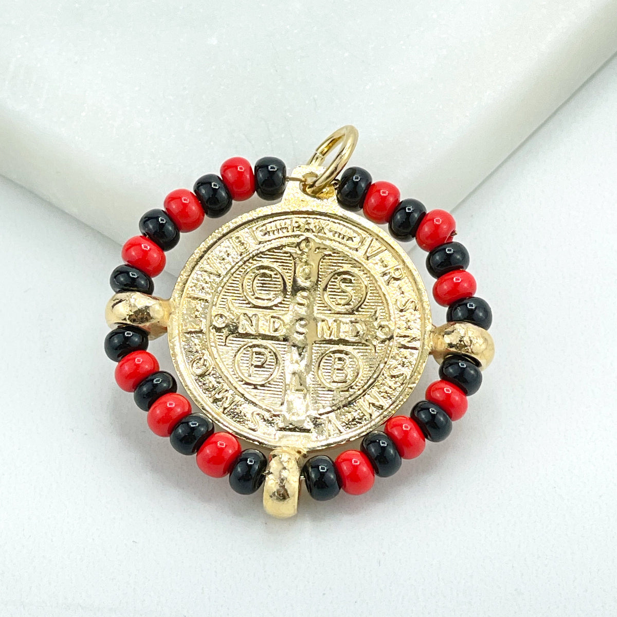 18k Gold Filled San Benito 2 Sided Pendant Charms, Reversible St. Benedictus Coin, Medal, Medallion with Azabache, Wholesale Jewelry