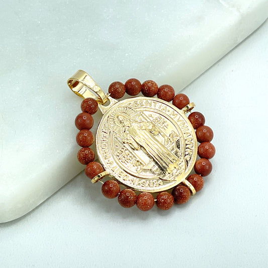18k Gold Filled San Benito 2 Sided Pendant Charms, Reversible St. Benedictus Coin, Medal, Medallion with 5mm Venturina, Wholesale Jewelry