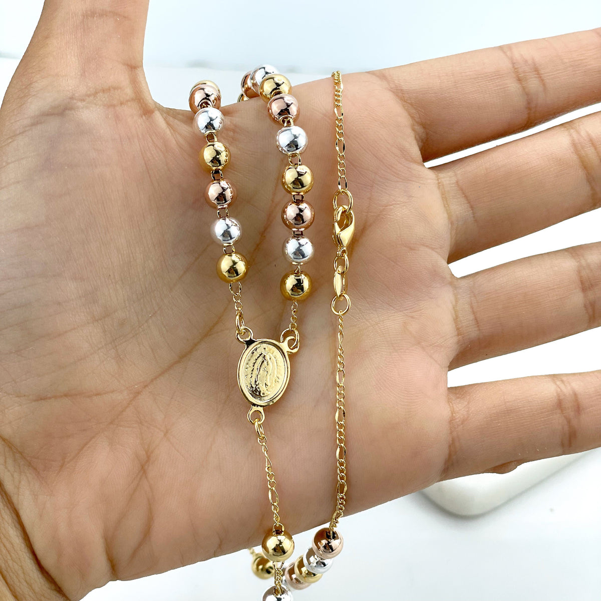 18k Gold Filled Tri-Tone Beads Virgen De Guadalupe, Our Lady of Guadalupe Saint Beaded Rosary, Wholesale Jewelry Making Supplies
