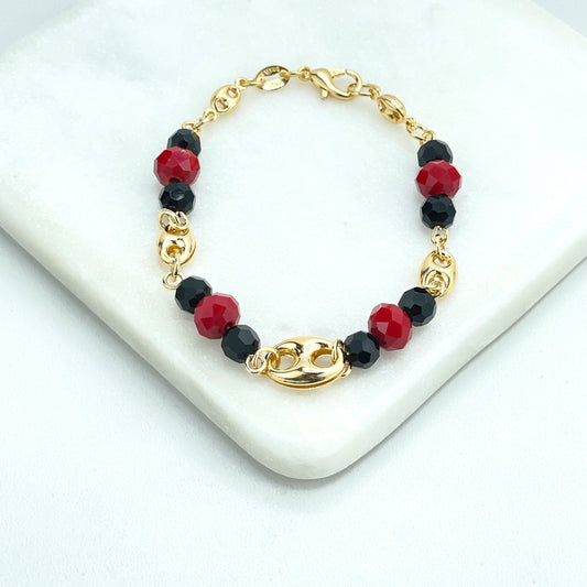 18k Gold Filled Simulated Azabache Linked with Mariner Anchor, Chunky Link Mariner Bracelet, Wholesale Jewelry Making Supplies