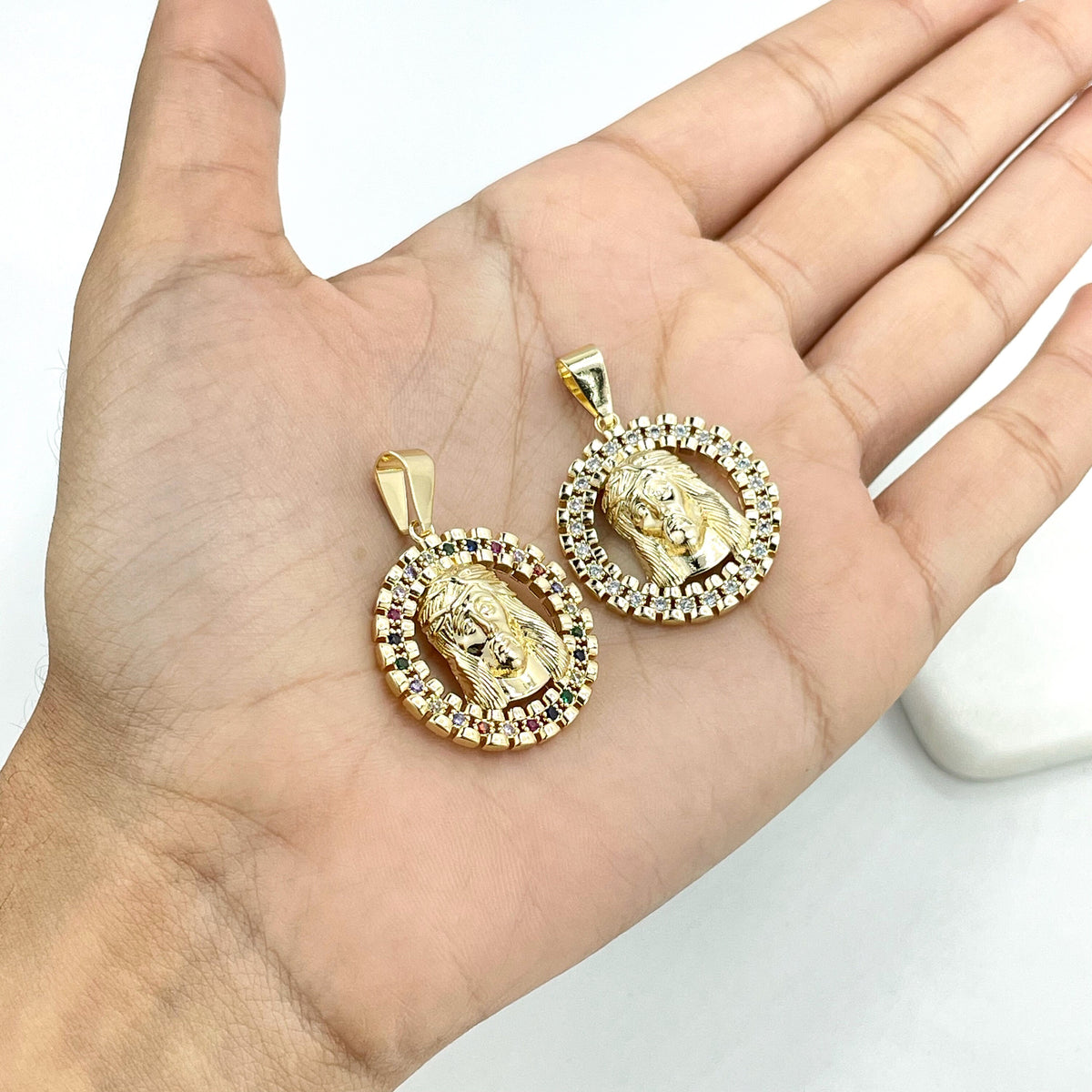 18k Gold Filled Clear or Colorful Cubic Zirconia Cutout Medal Medallion Jesus Christ Face Pendant Charm, Wholesale Jewelry Making Supplies