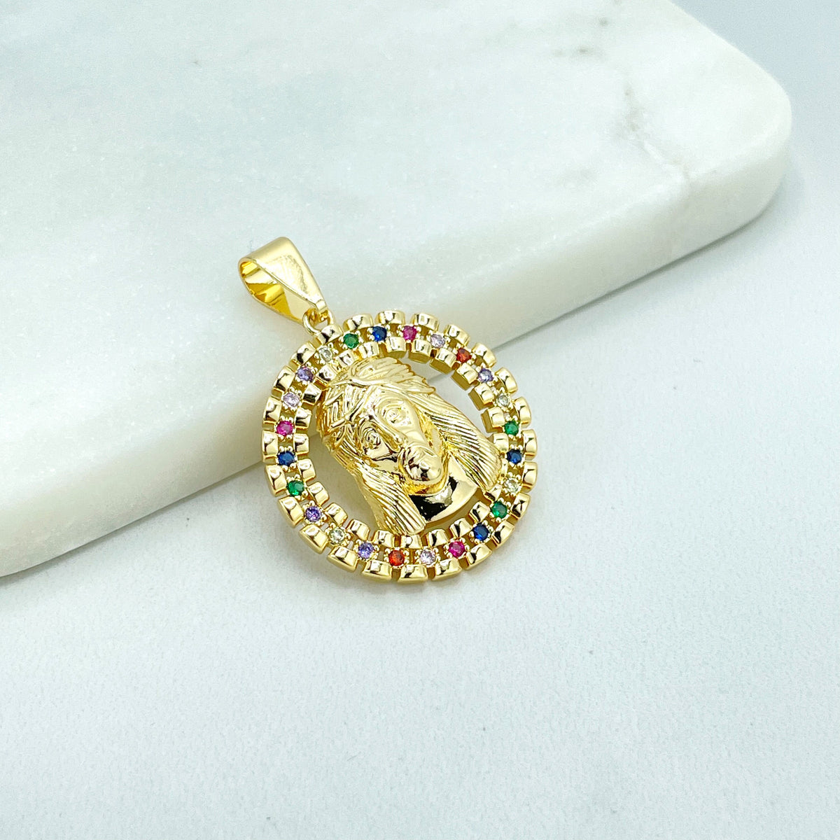 18k Gold Filled Clear or Colorful Cubic Zirconia Cutout Medal Medallion Jesus Christ Face Pendant Charm, Wholesale Jewelry Making Supplies