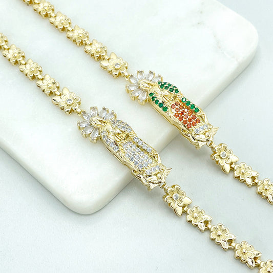 18k Gold Filled Specialty Link Chain (Flower & Butterflies) Clear OR Colorful Cubic Zirconia Virgen De Guadalupe Bracelet, Wholesale Jewelry