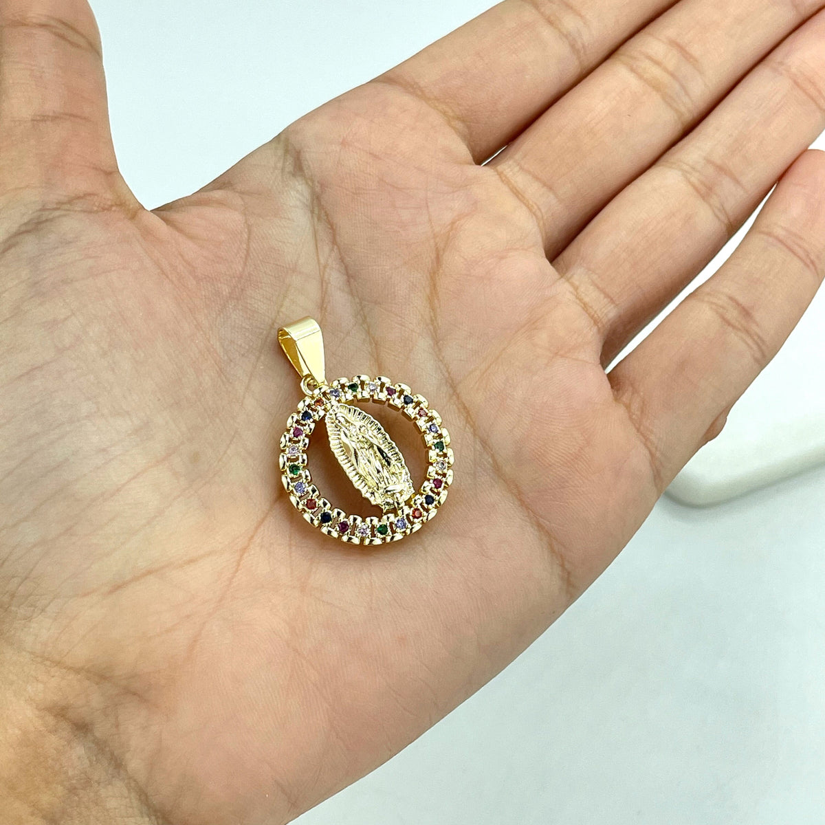 18k Gold Filled Virgen De Guadalupe, Our Lady of Guadalupe Cutout Medal Medallion & Colorful Cubic Zirconia Charm Pendant, Wholesale Jewelry