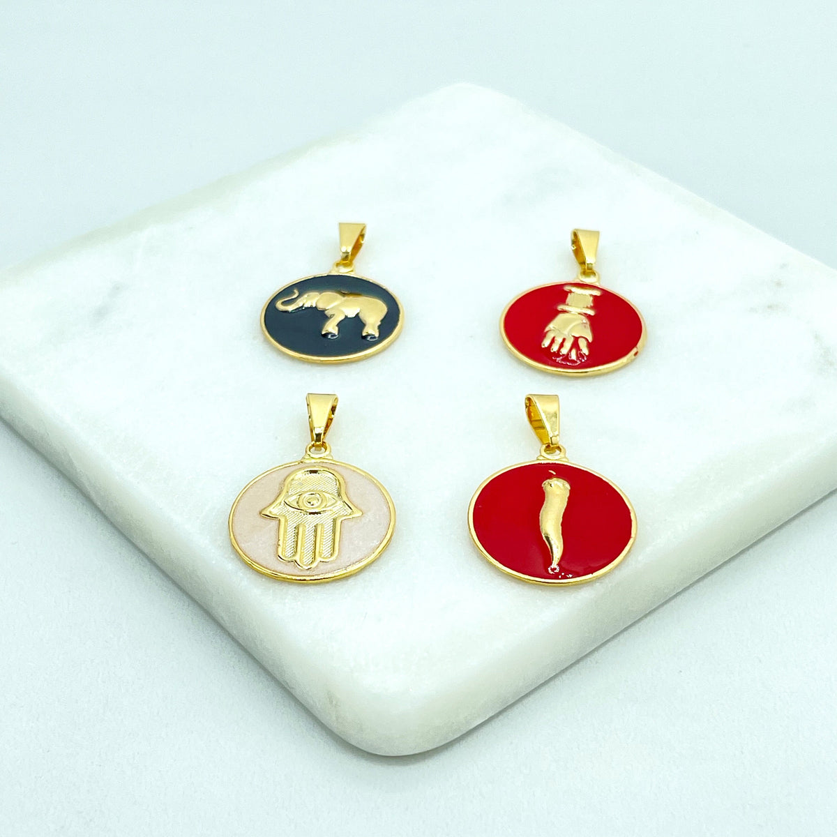 18k Gold Filled Good Luck & Protection Symbols Amulet Medals, Enamel, Hamsa Hand, Figa Hand, Chili Cornicello or Elephant, Wholesale Jewelry