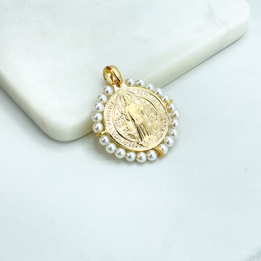18k Gold Filled San Benito 2 Sided Pendant Charms, Reversible St. Benedictus Coin, Medal, Medallion with Simulated Pearls, Wholesale Jewelry
