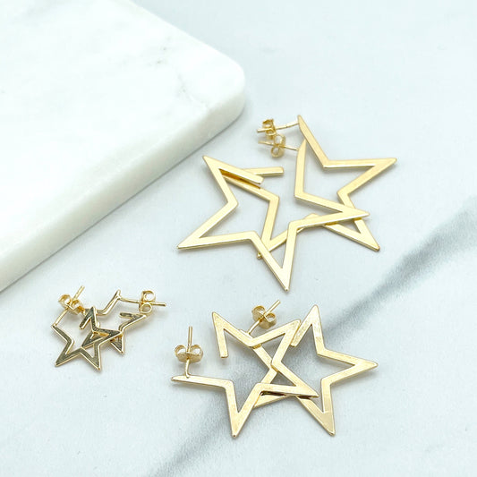 18k Gold Filled 03 Earrings Set in Small, Medium, and Large Sizes (coming together), Star Shape Hoops Style, Wholesale Jewelry Supplies