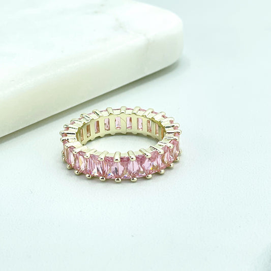 18k Gold Filled Simulated Pink Tourmaline Emerald Cut Cubic Zirconia Eternity Baguette Settings Band Ring, Wholesale Jewelry Making Supplies