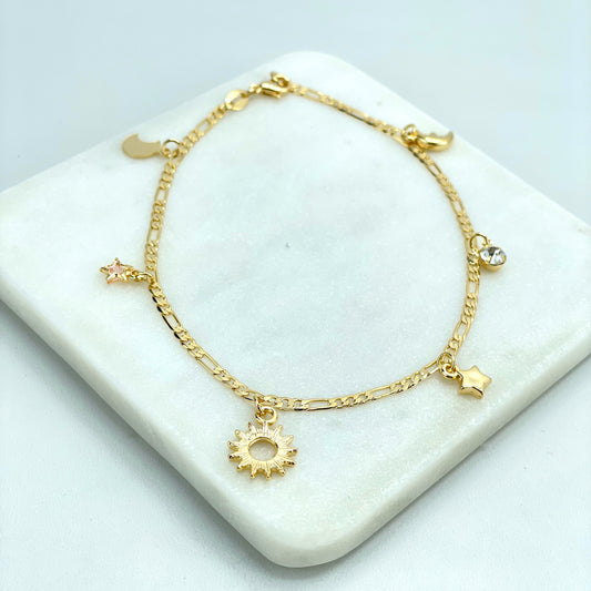18k Gold Filled 3mm Figaro Chain with Dangle Sun, Stars, Moon & CZ Charms Anklet, Star and Celestial, Wholesale Jewelry Making Supplies