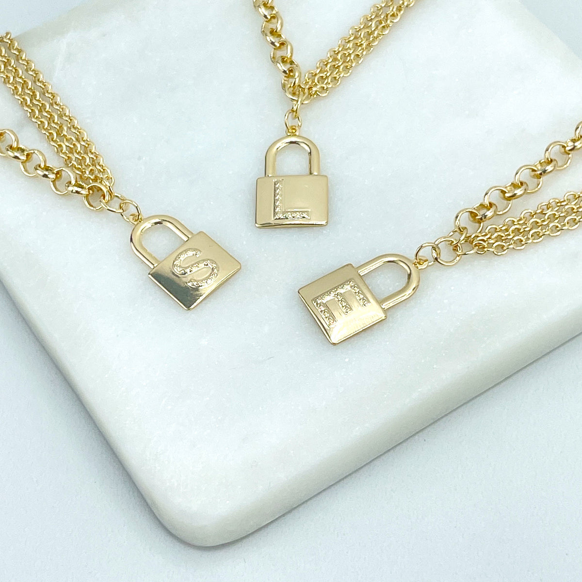 18k Gold Filled 5mm Rolo Chain & Bundle 2mm Rolo Chain with Flat Initial Padlock Charm Necklace, Wholesale Jewelry Making Supplies