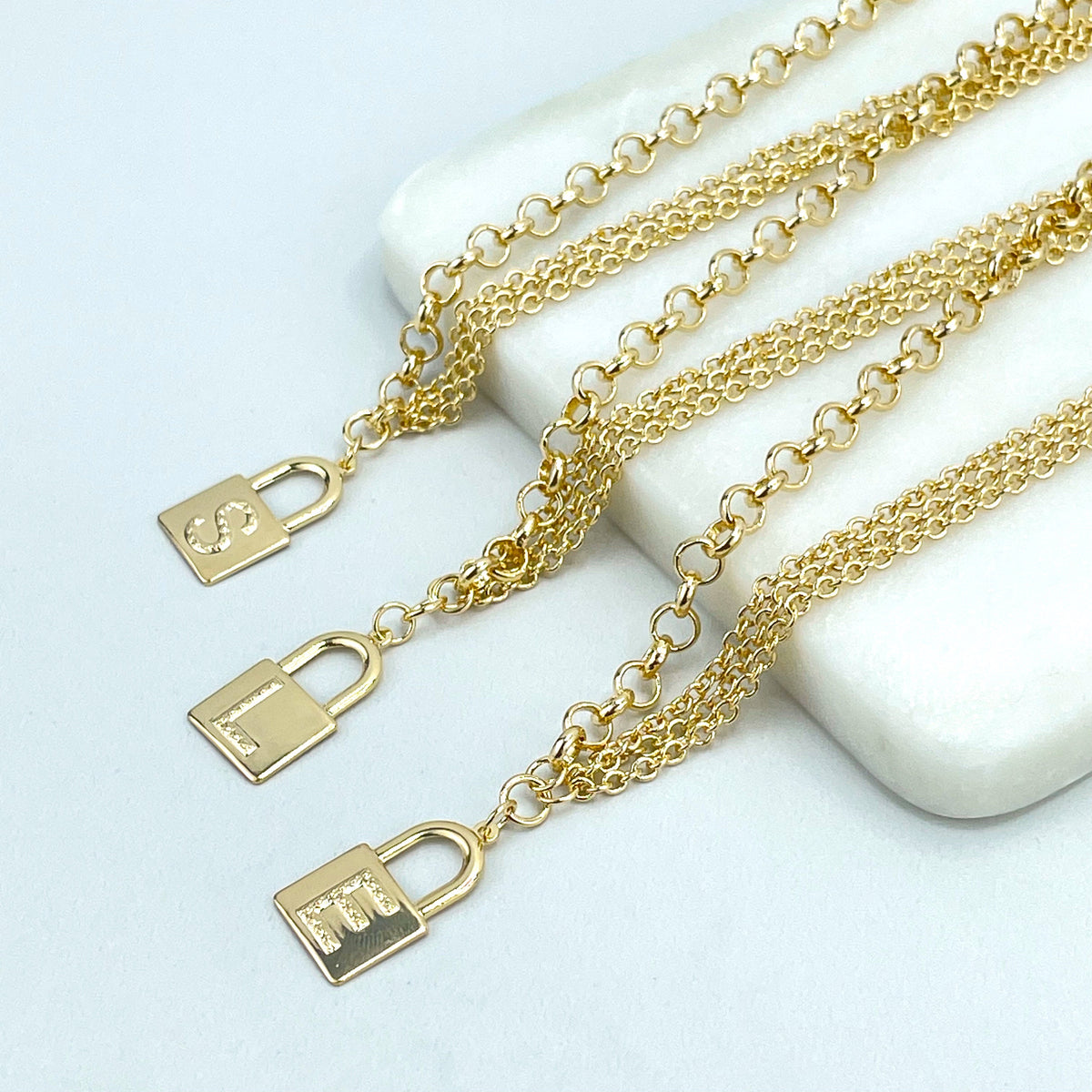 18k Gold Filled 5mm Rolo Chain & Bundle 2mm Rolo Chain with Flat Initial Padlock Charm Necklace, Wholesale Jewelry Making Supplies