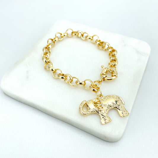 18k Gold Filled 8mm Rolo Chain with Dangle Puffed Indian Elephant Charm and Spring Ring Clasp Bracelet, Wholesale Jewelry Making Supplies