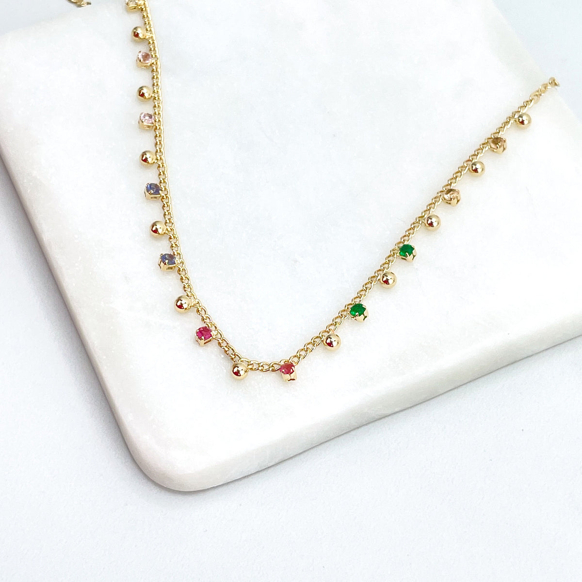 18k Gold Filled Dangle Colored Cubic Zirconia & Gold Beads 18 inches Long + 2.5 Inches Extender Necklace, Wholesale Jewelry Making Supplies