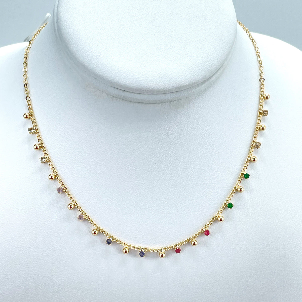 18k Gold Filled Dangle Colored Cubic Zirconia & Gold Beads 18 inches Long + 2.5 Inches Extender Necklace, Wholesale Jewelry Making Supplies