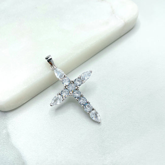 925 Sterling Silver Clear Cubic Zirconia Cross Shape Pendant Charm, Square & Tear Zirconias Shape, Wholesale Jewelry Making Supplies