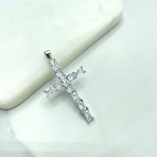 925 Sterling Silver Clear Cubic Zirconia Cross Shape Pendant Charm, Round & Rectangle Zirconias Shape, Wholesale Jewelry Making Supplies