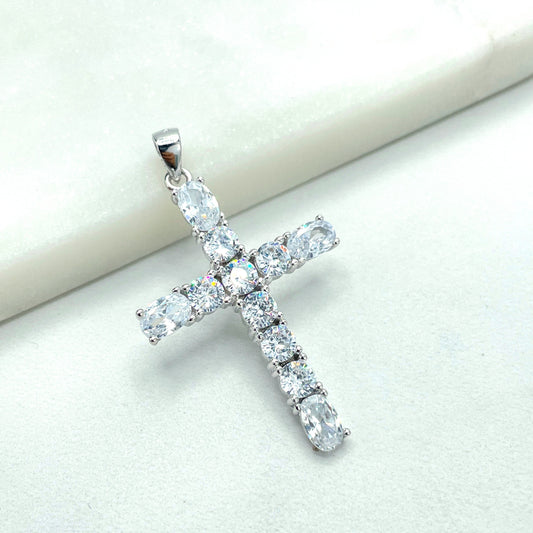 925 Sterling Silver Clear Cubic Zirconia Cross Shape Pendant Charm, Oval & Round Zirconias Shape, Wholesale Jewelry Making Supplies