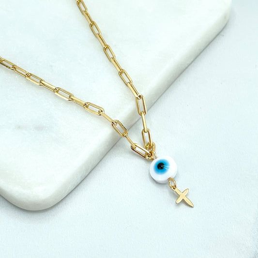 18k Gold Filled 3mm Paperclip Chain with Extender Necklace with Evil Eye and Cross Charms, Wholesale Jewelry Making Supplies