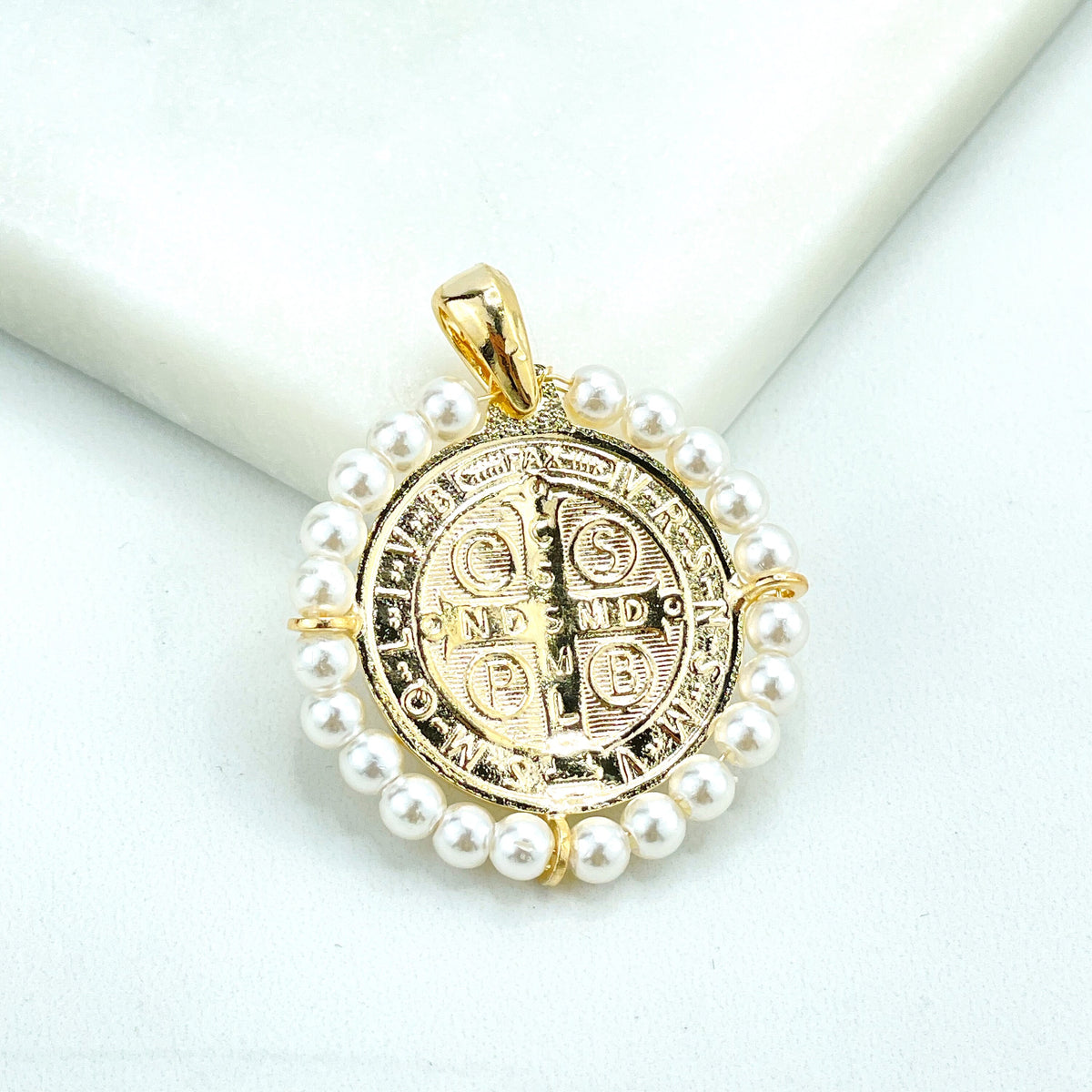 18k Gold Filled San Benito 2 Sided Pendant Charms, Reversible St. Benedictus Coin, Medal, Medallion with Simulated Pearls, Wholesale Jewelry