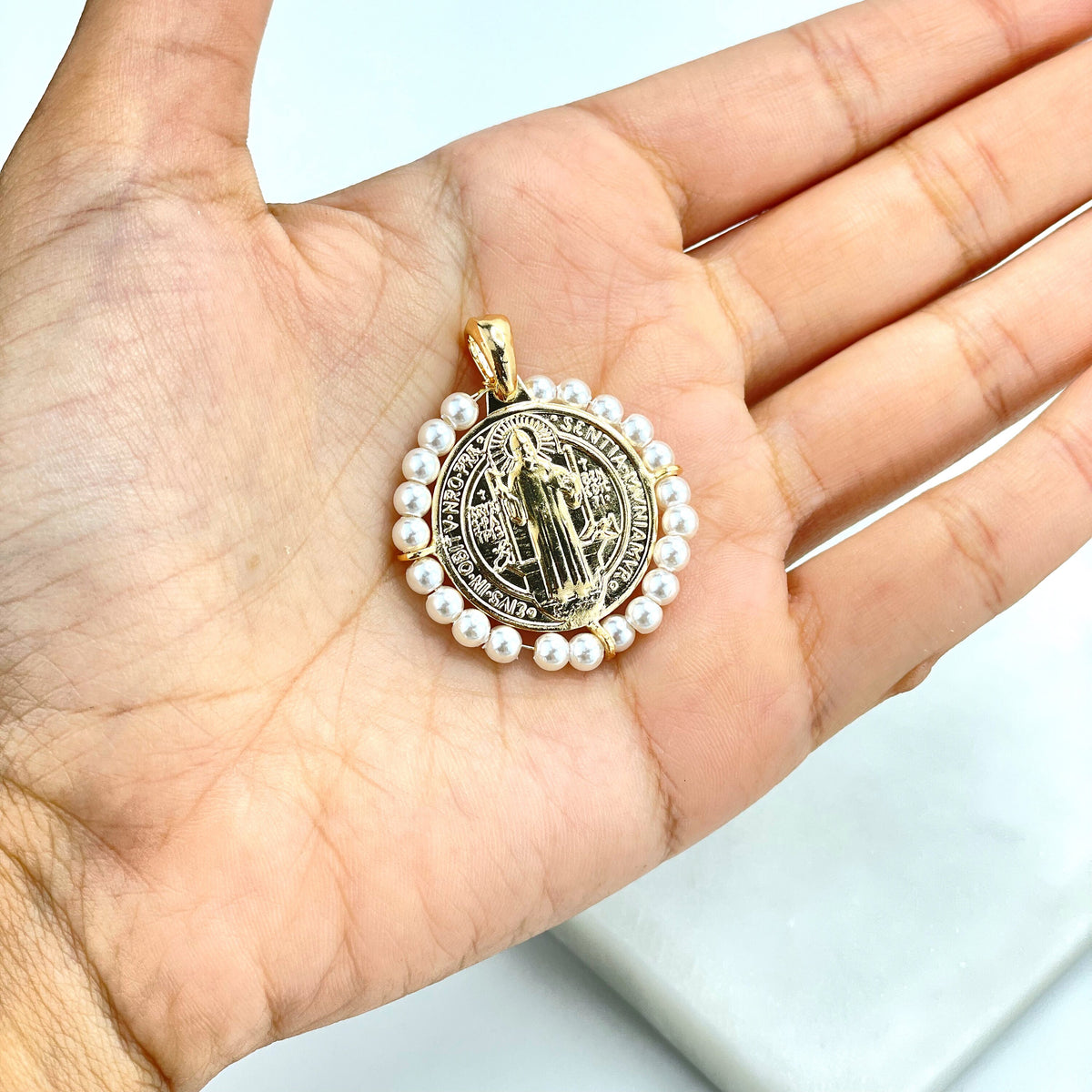 18k Gold Filled San Benito 2 Sided Pendant Charms, Reversible St. Benedictus Coin, Medal, Medallion with Simulated Pearls, Wholesale Jewelry