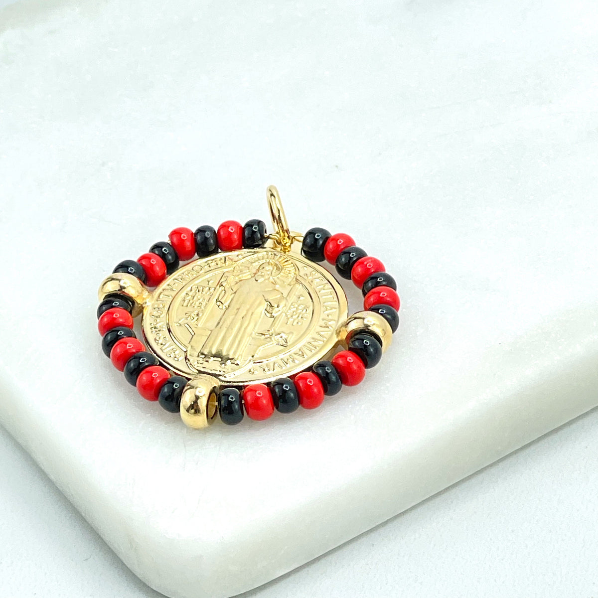 18k Gold Filled San Benito 2 Sided Pendant Charms, Reversible St. Benedictus Coin, Medal, Medallion with Azabache, Wholesale Jewelry