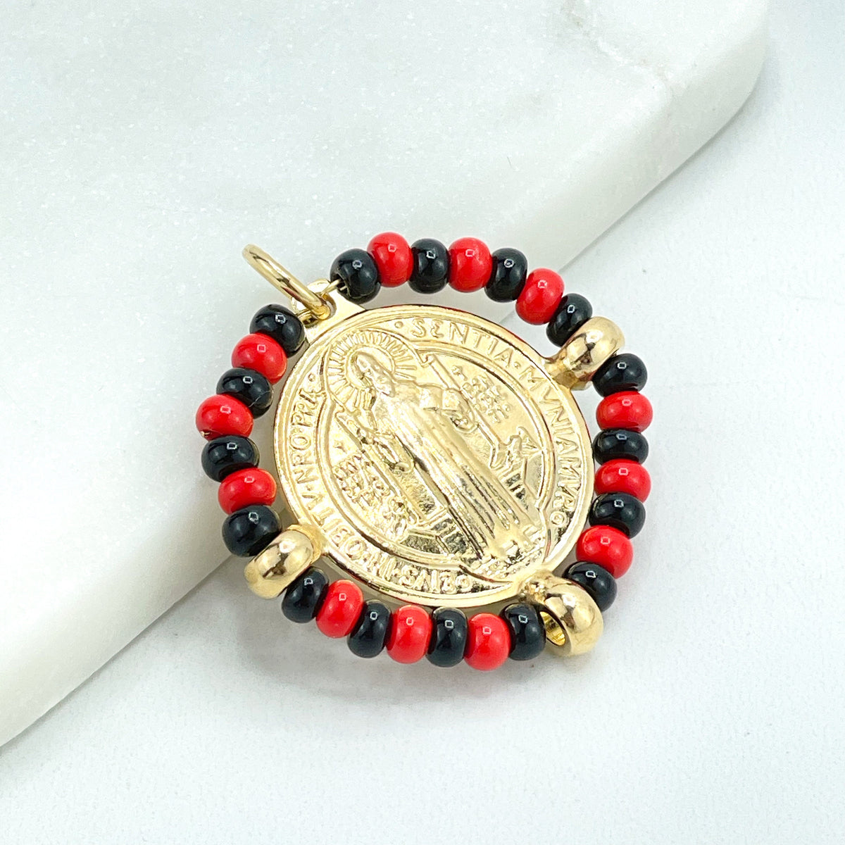 18k Gold Filled San Benito 2 Sided Pendant Charms, Reversible St. Benedictus Coin, Medal, Medallion with Azabache, Wholesale Jewelry