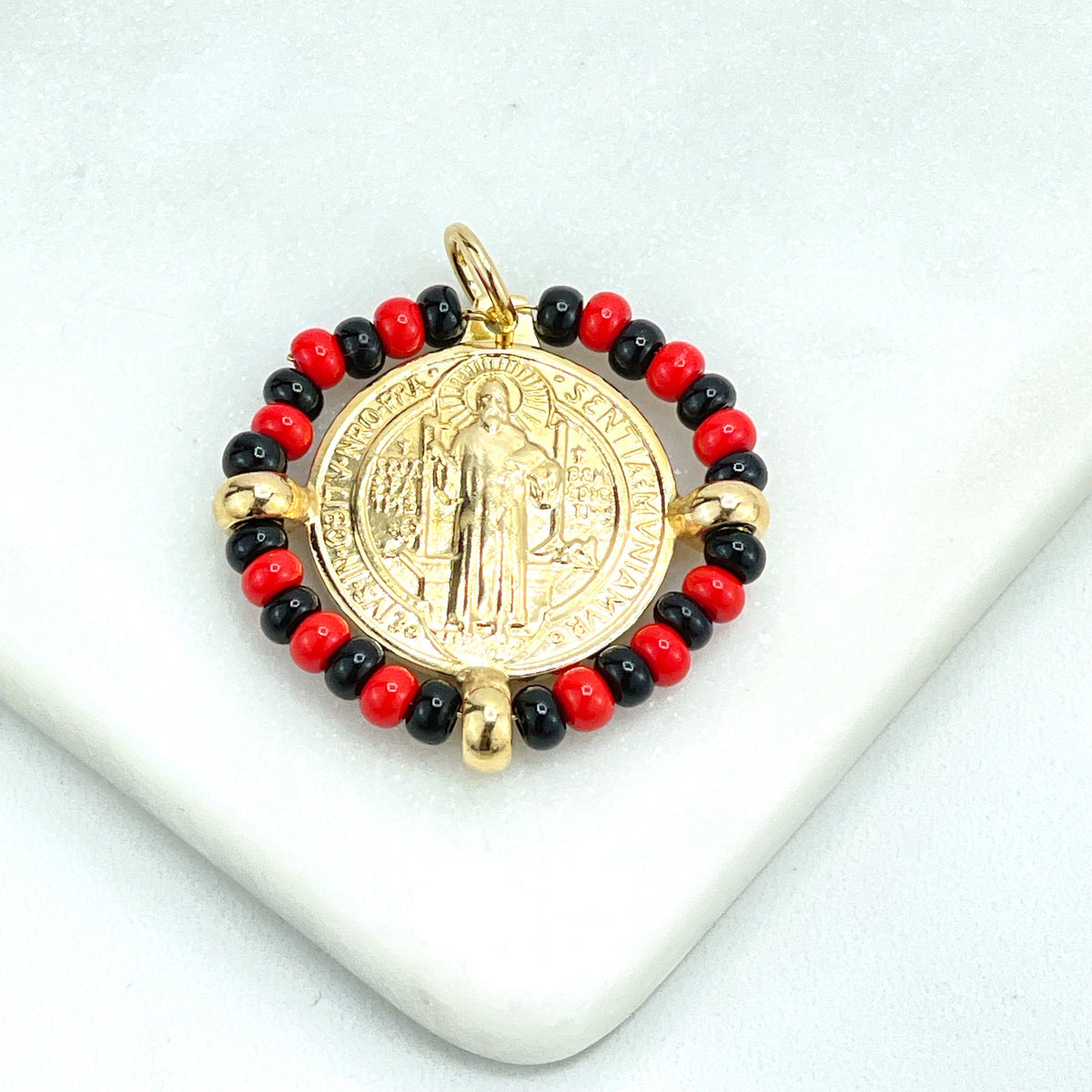 18k Gold Filled San Benito 2 Sided Pendant Charms, Reversible St. Benedictus Coin, Medal, Medallion with Azabache, Wholesale Jewelry