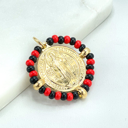 18k Gold Filled San Benito 2 Sided Pendant Charms, Reversible St. Benedictus Coin, Medal, Medallion with Azabache, Wholesale Jewelry