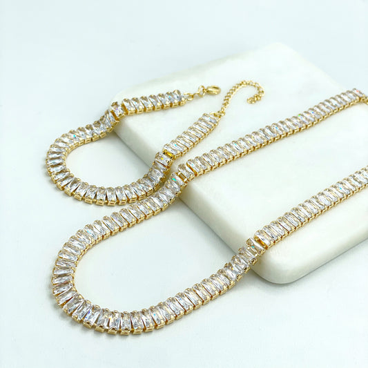 18k Gold Filled 7mm Thickness Baguette Clear Cubic Zirconia Chain Necklace OR Bracelet with Extender (Make it a Set), Wholesale Jewelry
