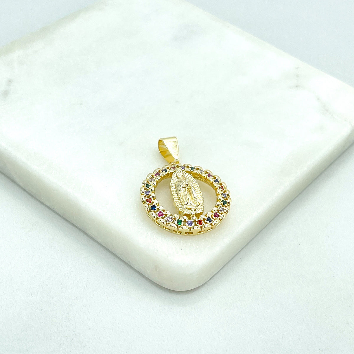 18k Gold Filled Virgen De Guadalupe, Our Lady of Guadalupe Cutout Medal Medallion & Colorful Cubic Zirconia Charm Pendant, Wholesale Jewelry