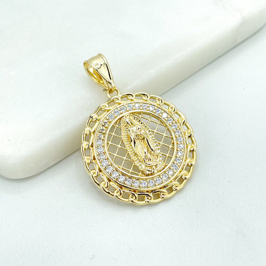 18k Gold Filled Virgen De Guadalupe, Our Lady of Guadalupe Cutout Medal Medallion & Cubic Zirconia Charm Pendant, Wholesale Jewelry Supplies