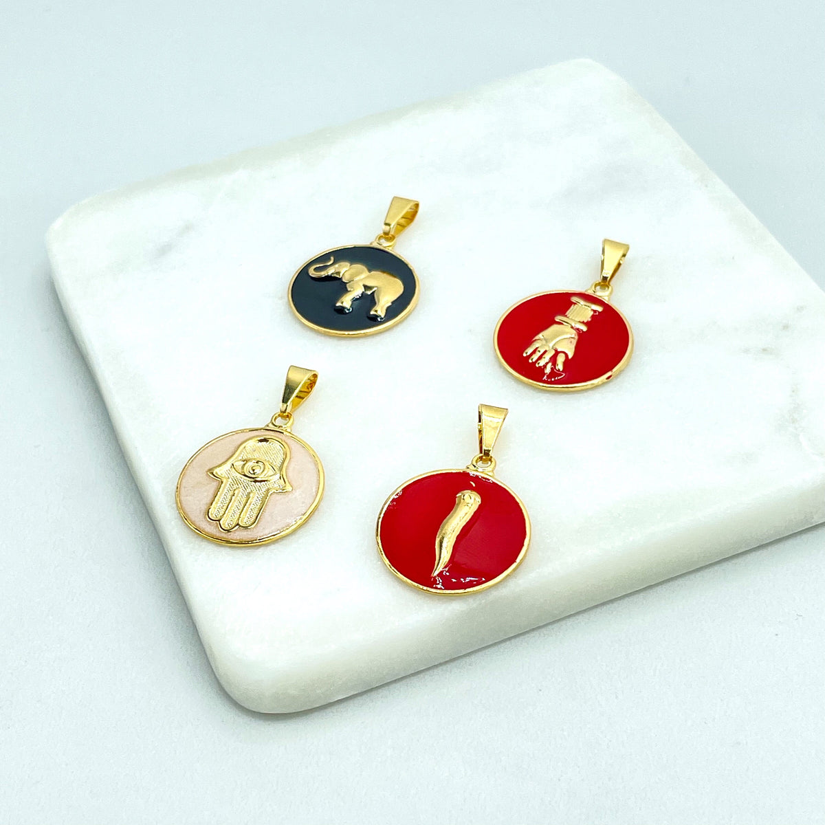18k Gold Filled Good Luck & Protection Symbols Amulet Medals, Enamel, Hamsa Hand, Figa Hand, Chili Cornicello or Elephant, Wholesale Jewelry