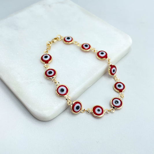 18k Gold Filled Colored Red Evil Eye Linked Chain Bracelet, Lucky & Protection Bracelet, Wholesale Jewelry Making Supplies