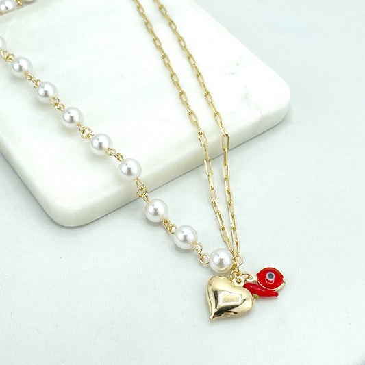 18k Gold Filled Double Paperclip Chain & Simulated Pearls Chain Necklace with Puffed Heart, Red Evil Eye and Chili Charms, Wholesale Jewelry