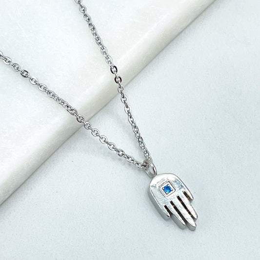 Stainless Steel 1mm Rolo Chain with Hamsa Hand Charm with Blue Cubic Zirconia Necklace, Wholesale Jewelry Making Supplies