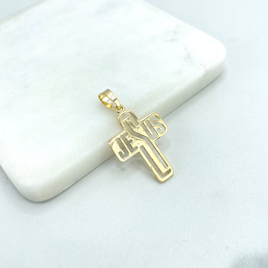 18k Gold Filled Cutout Cross with the description "JESUS" inside Religious Pendant Charm, Wholesale Jewelry Making Supplies
