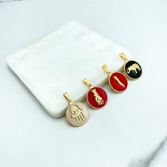 18k Gold Filled Good Luck & Protection Symbols Amulet Medals, Enamel, Hamsa Hand, Figa Hand, Chili Cornicello or Elephant, Wholesale Jewelry