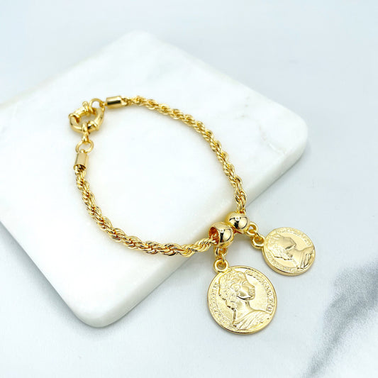 18k Gold Filled 4mm Rope Chain with Berloques & Roman/Greek Coins Medals Bracelet, Spring Ring Clasp, Wholesale Jewelry Making Supplies