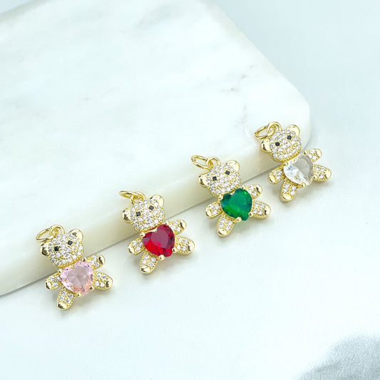 18k Gold Filled Micro Cubic Zirconia Teddy Bear Body Shape with Colored Zirconia Heart Charm Pendant or CHAIN, Wholesale Jewelry Supplies