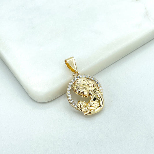 18k Gold Filled Gold Filled Clear Cubic Zirconia Cutout Medal Medallion Virgin Mary & Jesus Baby Pendant Charm, Wholesale Jewelry Supplies
