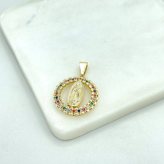 18k Gold Filled Virgen De Guadalupe, Our Lady of Guadalupe Cutout Medal Medallion & Colorful Cubic Zirconia Charm Pendant, Wholesale Jewelry
