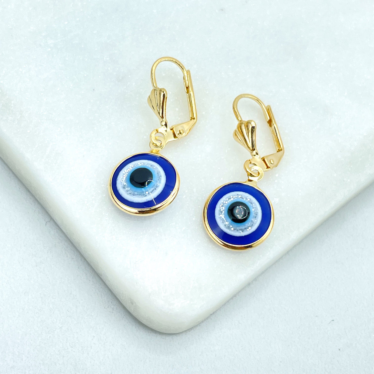 18k Gold Filled Circle Blue Evil Eye with Silver Line, Dangle Earrings French Clasp, Wholesale Jewelry Making Supplies