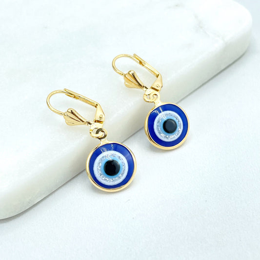 18k Gold Filled Circle Blue Evil Eye with Silver Line, Dangle Earrings French Clasp, Wholesale Jewelry Making Supplies