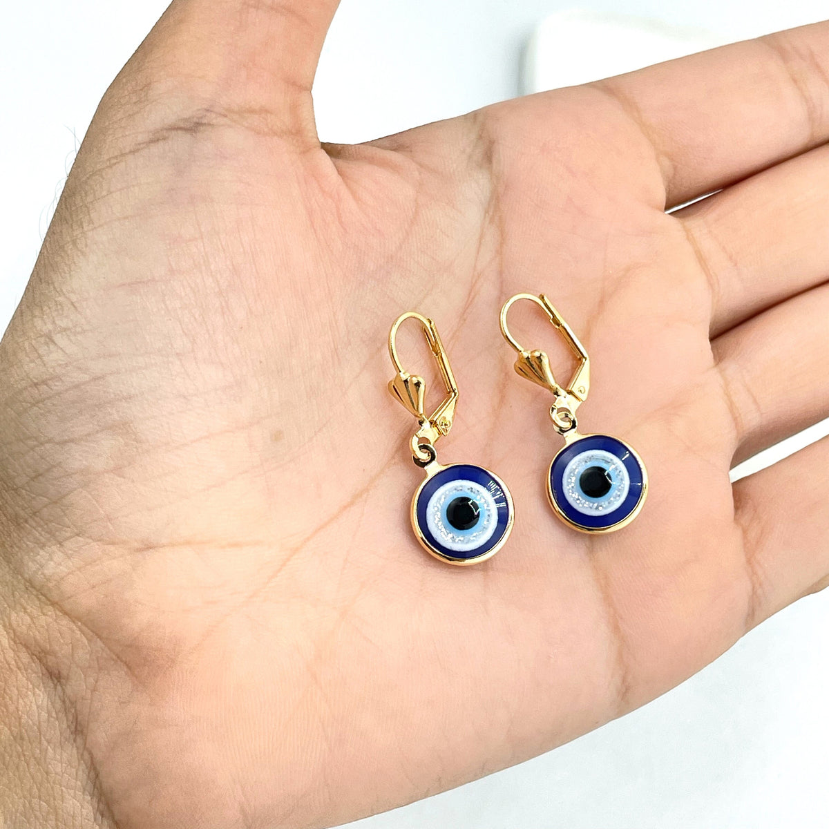 18k Gold Filled Circle Blue Evil Eye with Silver Line, Dangle Earrings French Clasp, Wholesale Jewelry Making Supplies