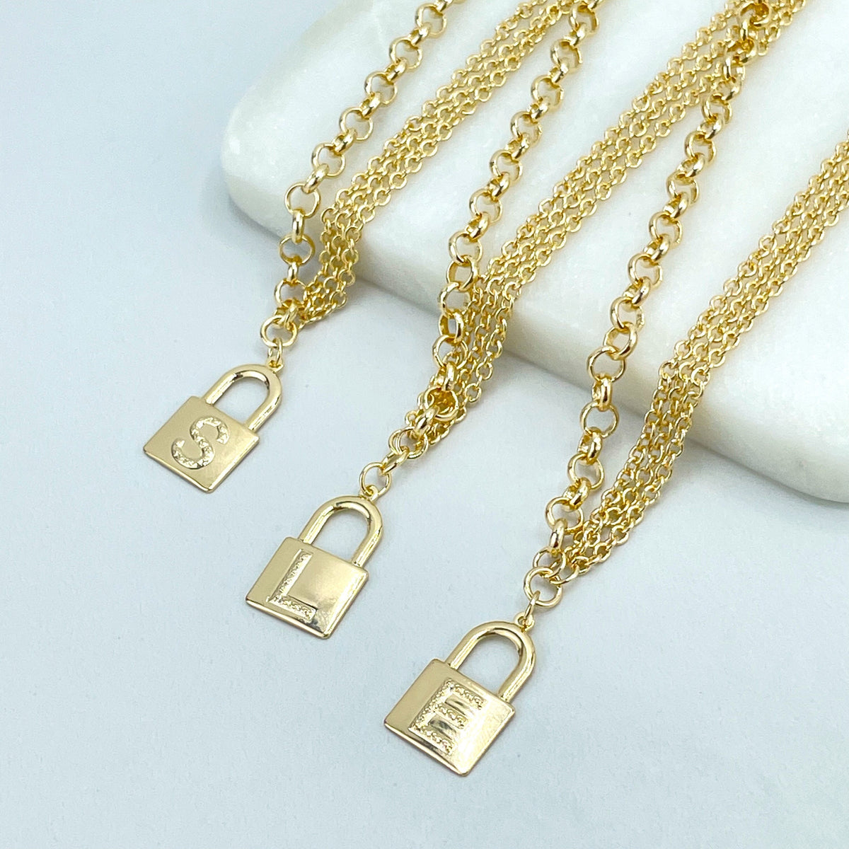 18k Gold Filled 5mm Rolo Chain & Bundle 2mm Rolo Chain with Flat Initial Padlock Charm Necklace, Wholesale Jewelry Making Supplies