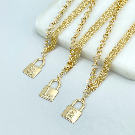 18k Gold Filled 5mm Rolo Chain & Bundle 2mm Rolo Chain with Flat Initial Padlock Charm Necklace, Wholesale Jewelry Making Supplies