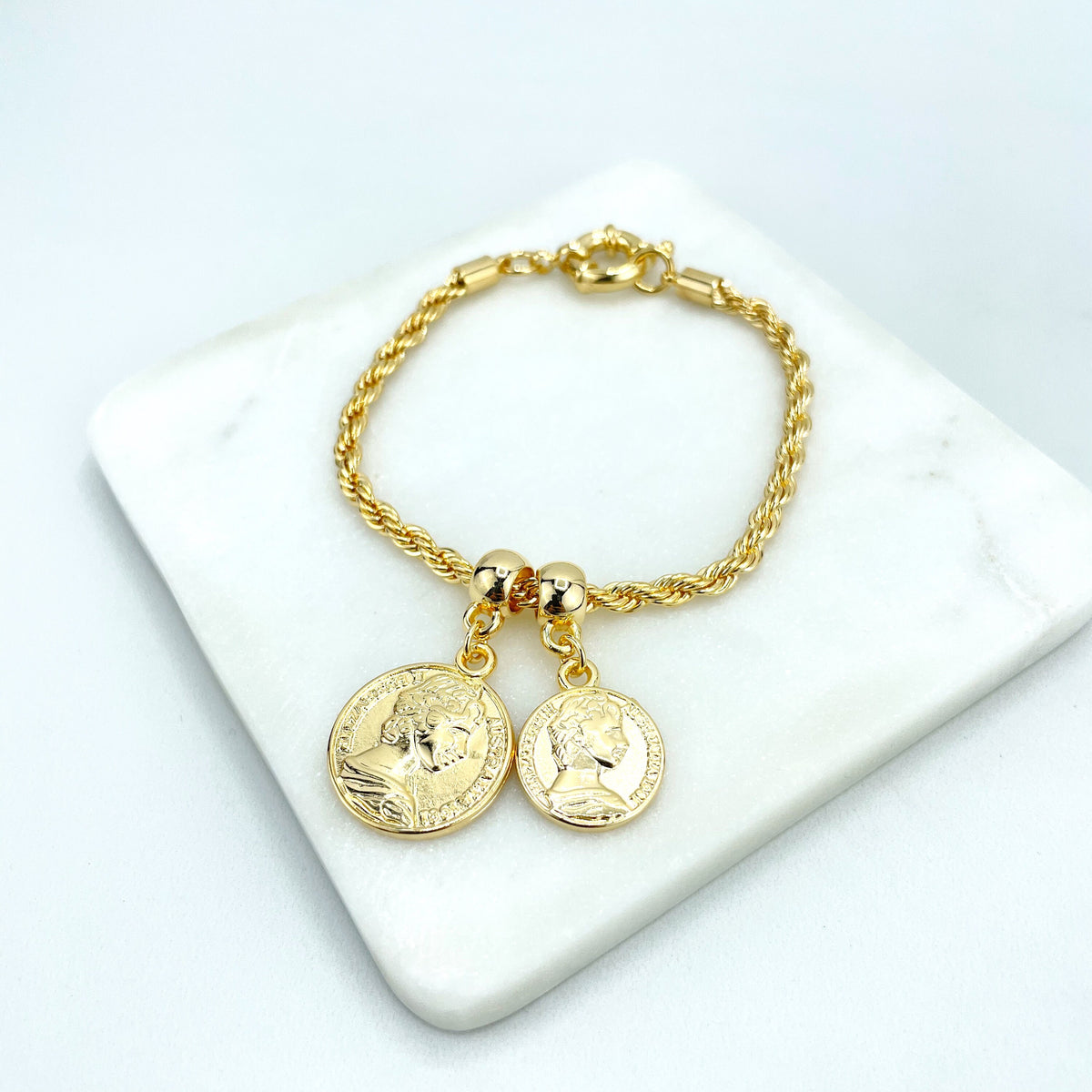 18k Gold Filled 4mm Rope Chain with Berloques & Roman/Greek Coins Medals Bracelet, Spring Ring Clasp, Wholesale Jewelry Making Supplies