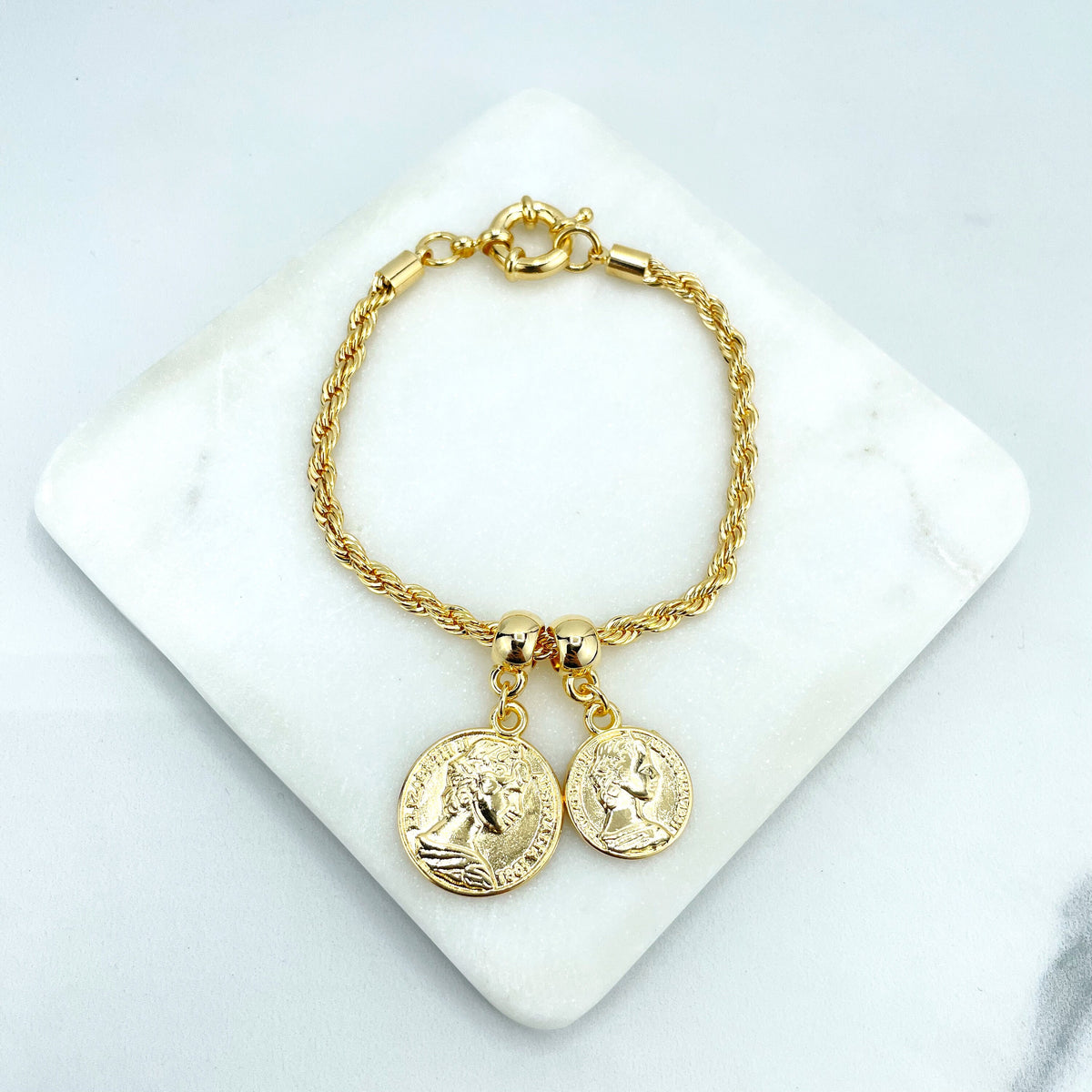 18k Gold Filled 4mm Rope Chain with Berloques & Roman/Greek Coins Medals Bracelet, Spring Ring Clasp, Wholesale Jewelry Making Supplies