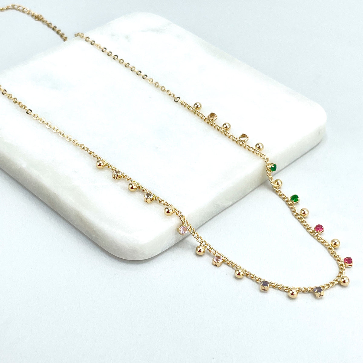 18k Gold Filled Dangle Colored Cubic Zirconia & Gold Beads 18 inches Long + 2.5 Inches Extender Necklace, Wholesale Jewelry Making Supplies