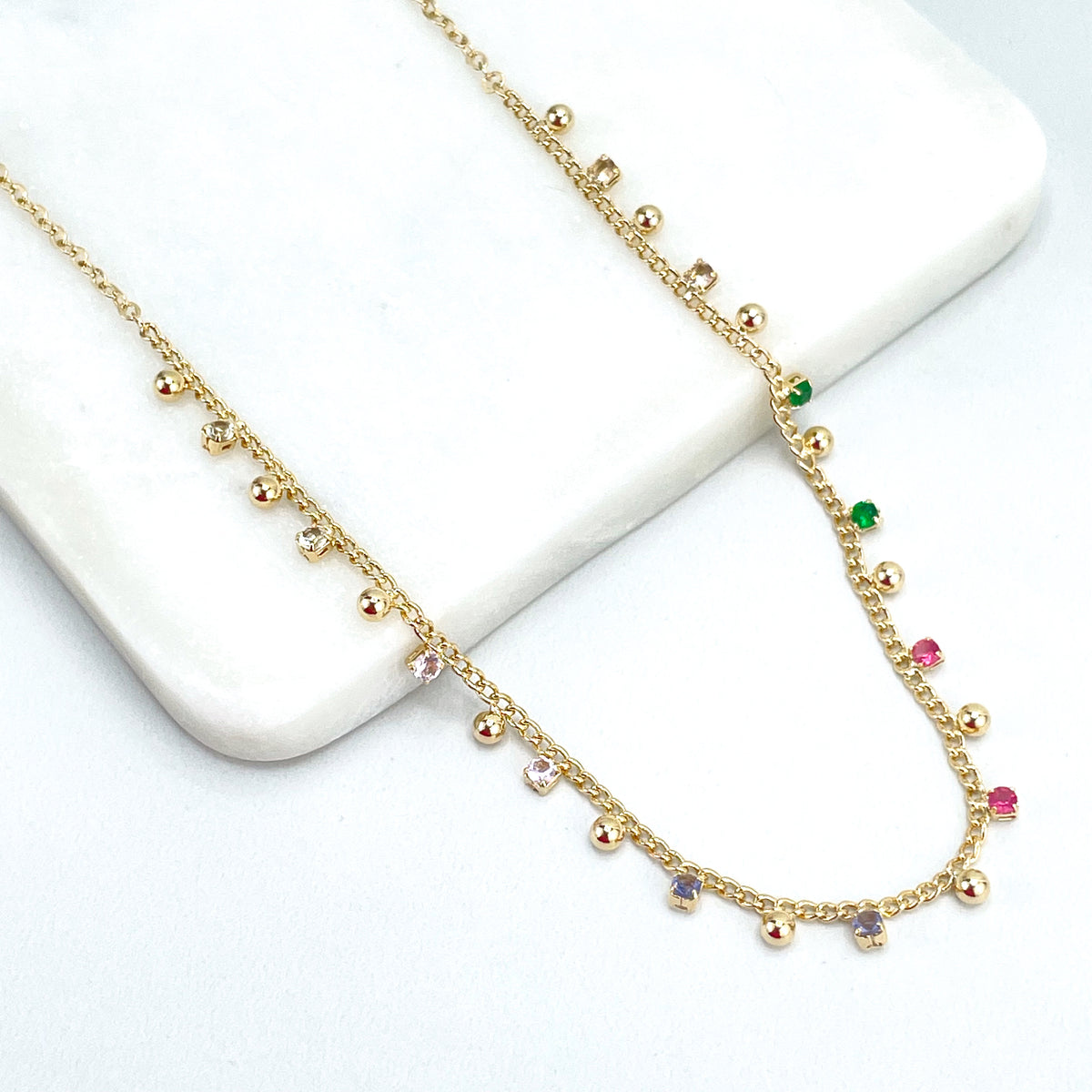 18k Gold Filled Dangle Colored Cubic Zirconia & Gold Beads 18 inches Long + 2.5 Inches Extender Necklace, Wholesale Jewelry Making Supplies